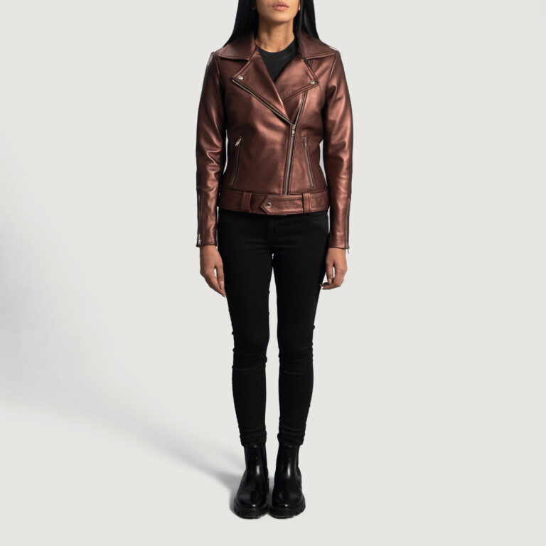 Womens Rumy Maroon Leather Biker Jacket Full Length-2-1664352115793